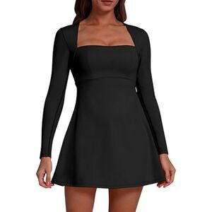 Square Neck Long Sleeve  A-Line Flare Mini Dress, MEDIUM, 15K-172D004